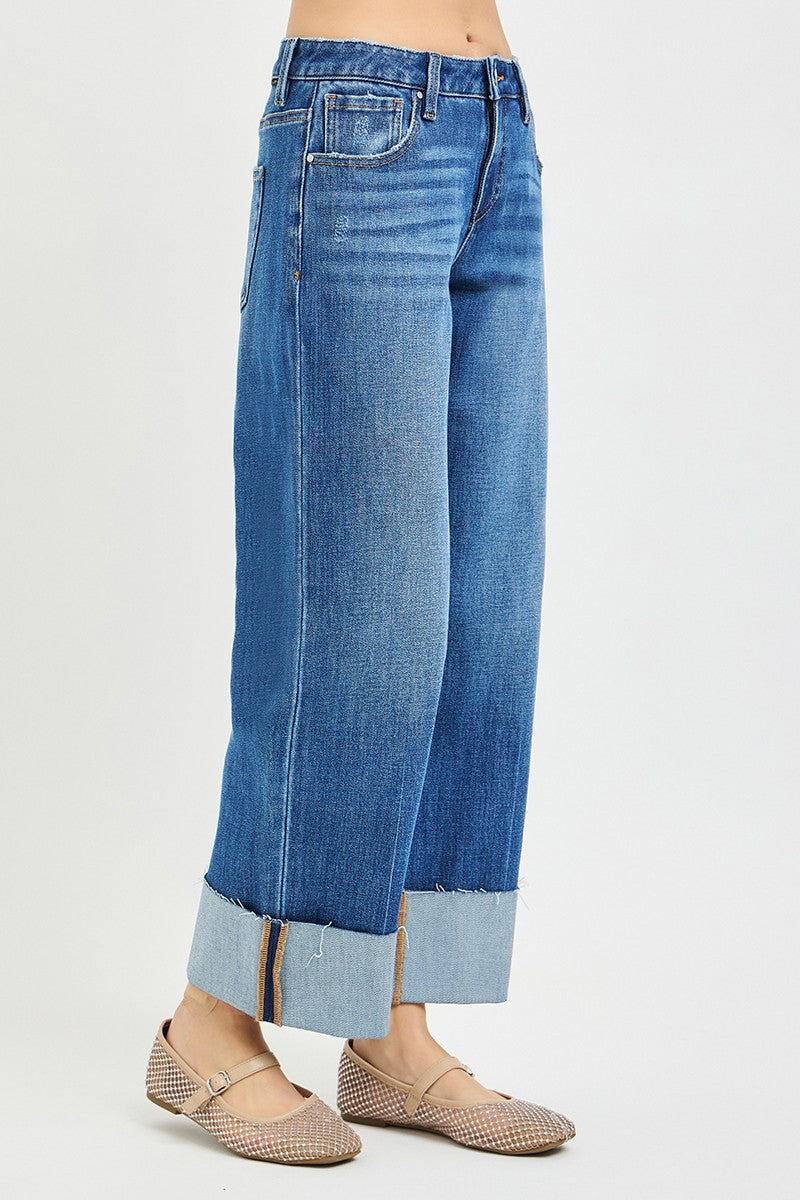 Risen Mid Rise Crop Straight Cuffed Hem Jeans