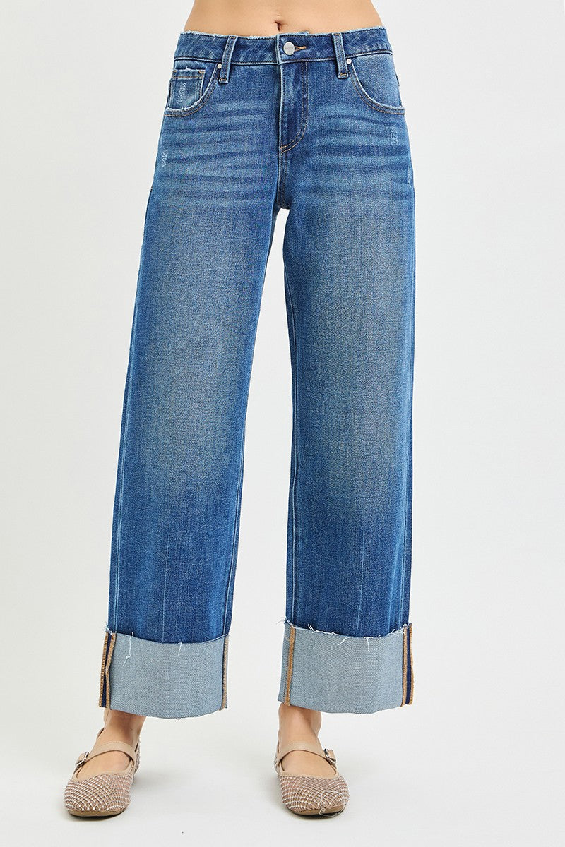Risen Mid Rise Crop Straight Cuffed Hem Jeans
