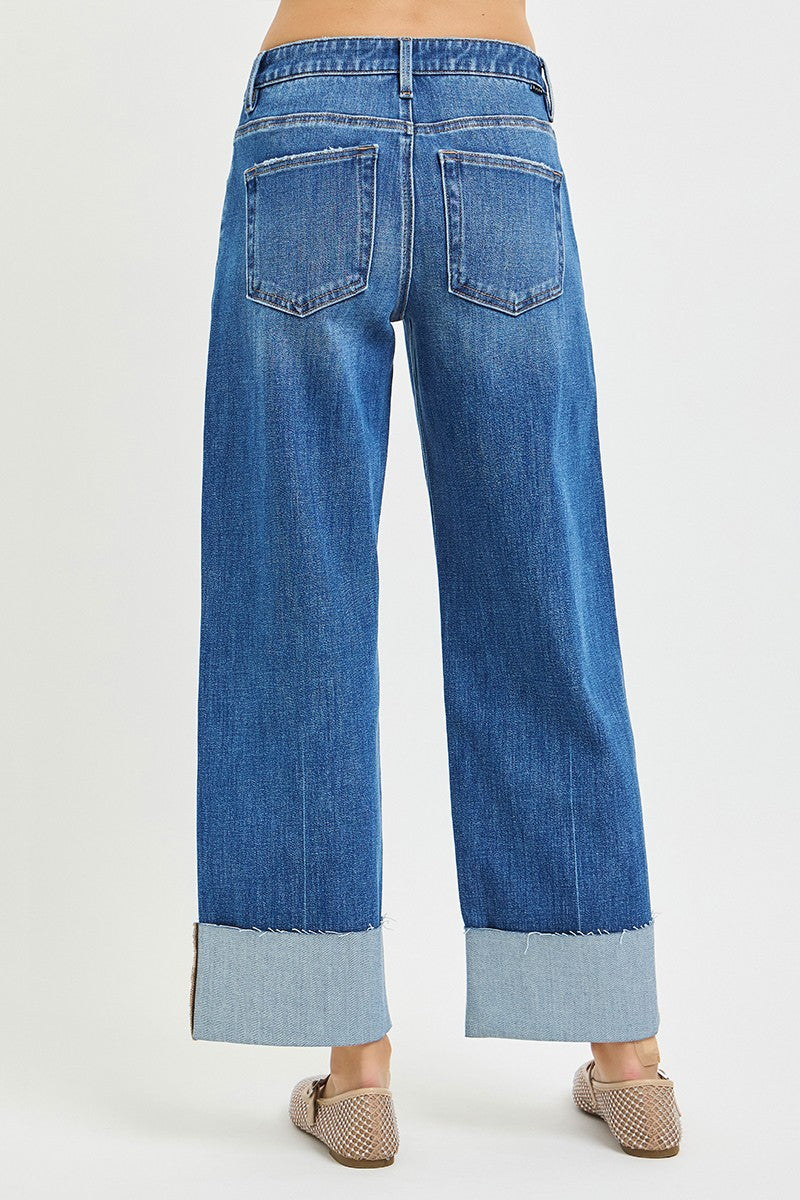 Risen Mid Rise Crop Straight Cuffed Hem Jeans