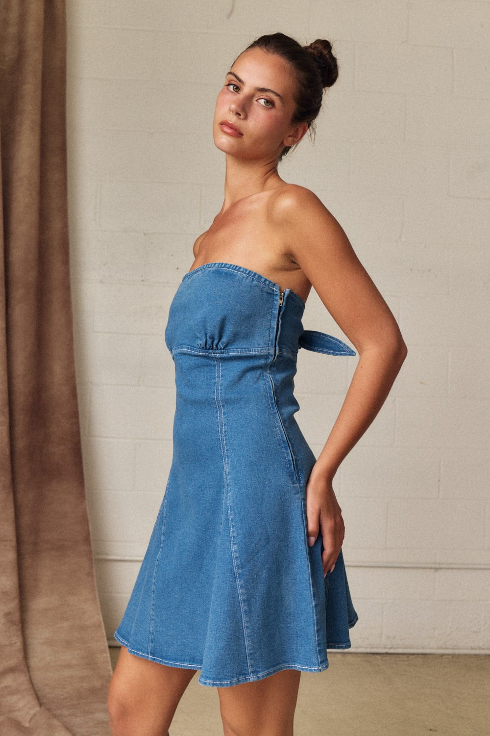 Papermoon Strapless Denim Tie Back Mini Dress