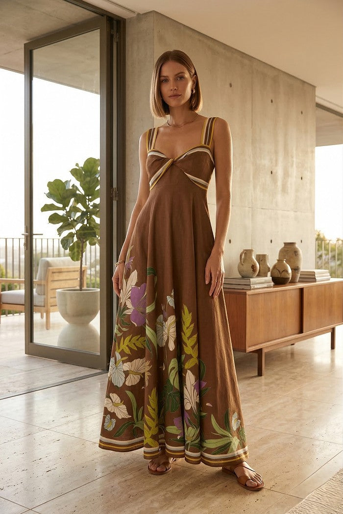 Sundayup Floral Print Twist Front Linen Dress