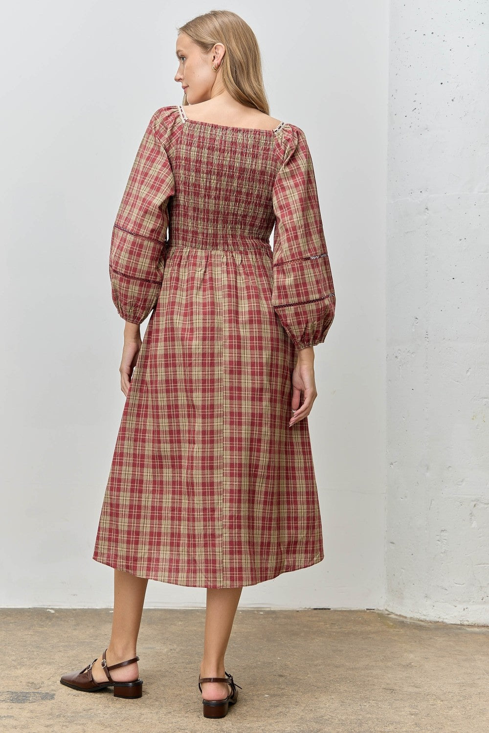 Polagram Plaid Lace Trim Long Sleeve Midi Dress
