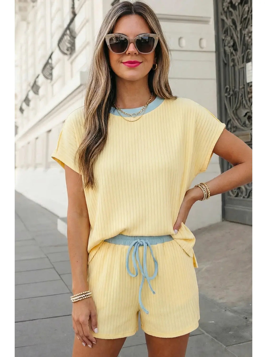 Aapparella Ribbed Contrast Trim 2pcs Shorts Set