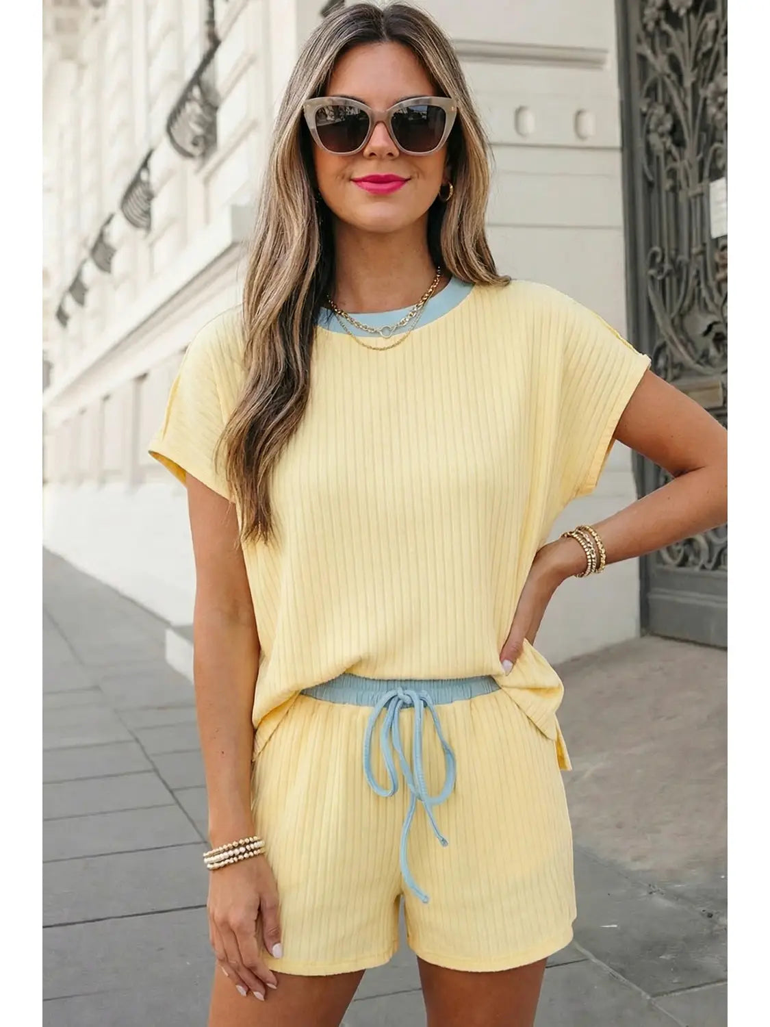Aapparella Ribbed Contrast Trim 2pcs Shorts Set