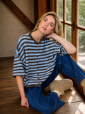 Blu Pepper Stripe Raw Edge Short Sleeve Button Down Cardigan