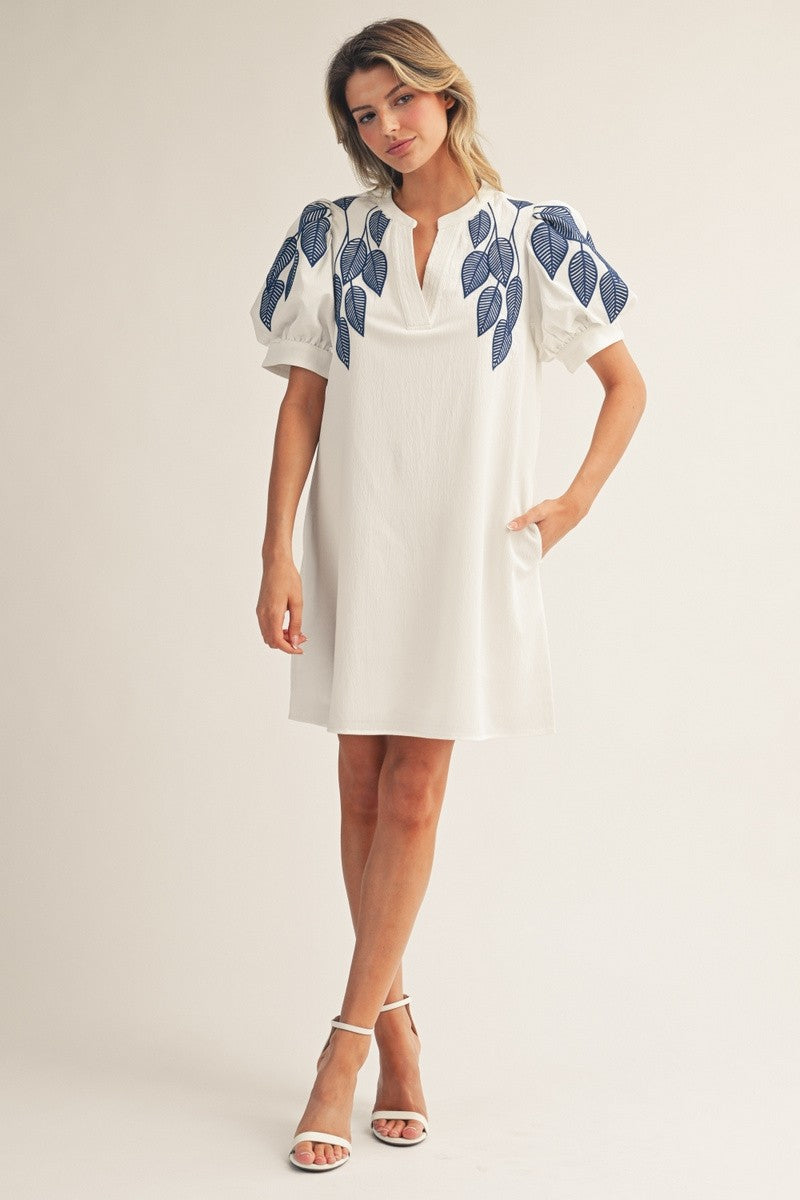 JODIFL Puff Sleeve Embroidery Detail Shirt Dress