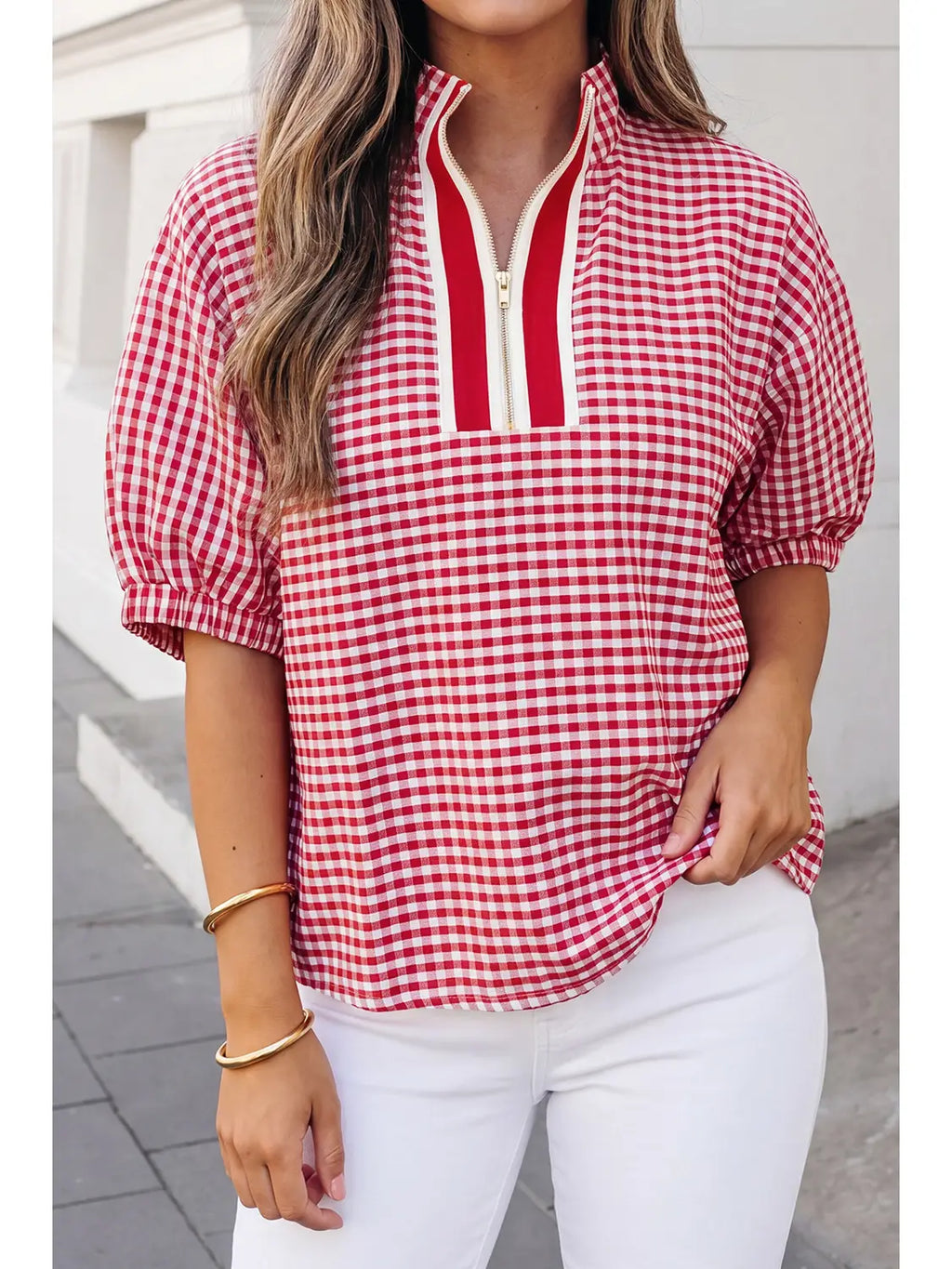 Aapparella Plaid Short Sleeve Split Neck Blouse