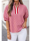 Aapparella Plaid Short Sleeve Split Neck Blouse