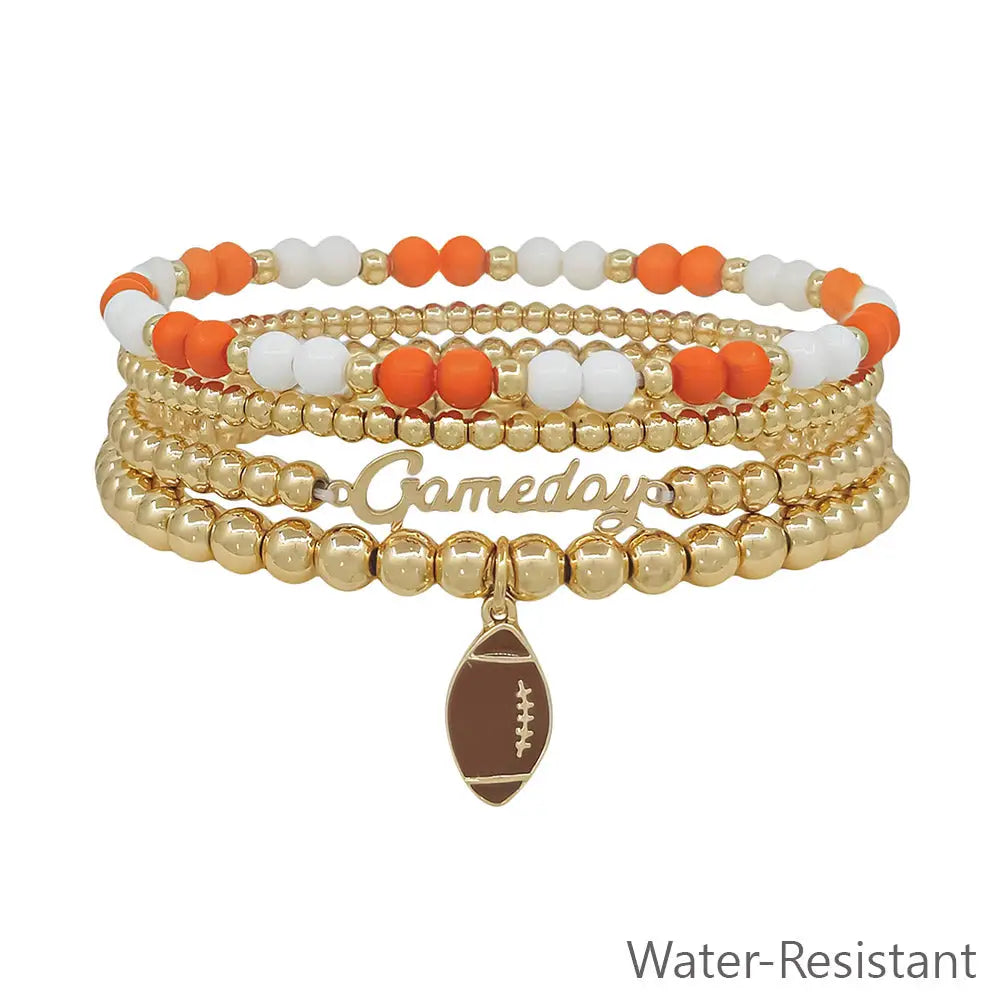 WH Water Resistant Orange and White with Gold Gameday and Football Charm Stretch Bracelet Set