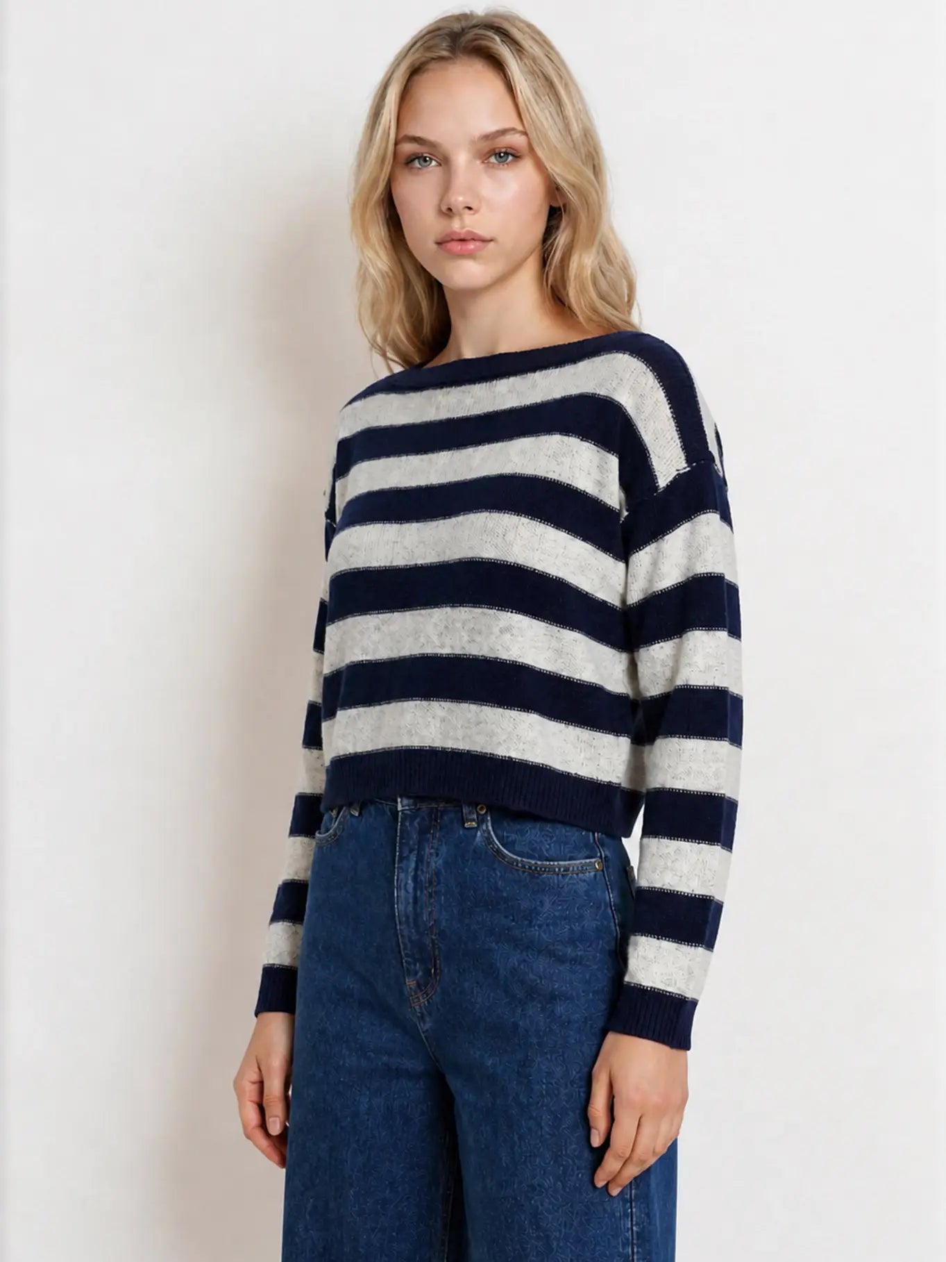 Blu Pepper Stripe Exposed Seam Long Sleeve Cropped Sweater