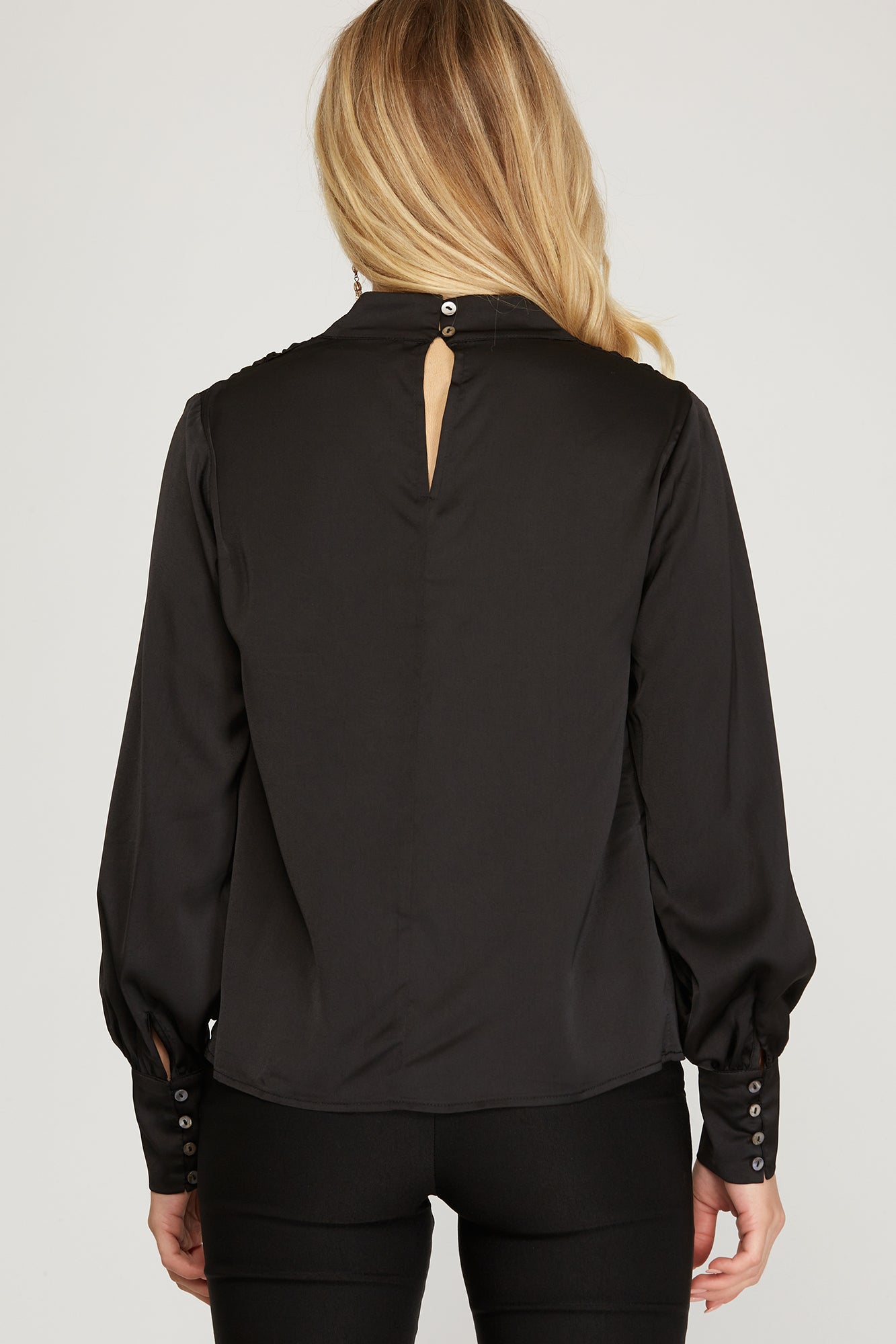 She & Sky Long Sleeve Woven Satin Cowl Neck Top