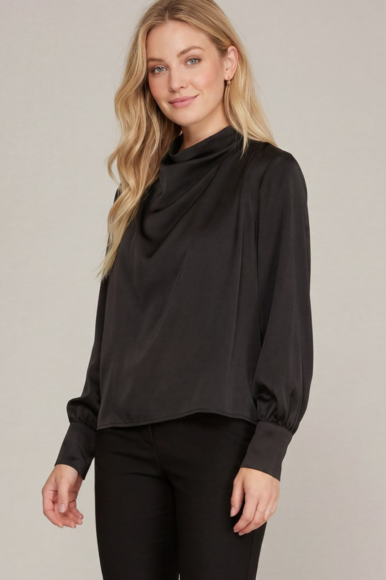 She & Sky Long Sleeve Woven Satin Cowl Neck Top