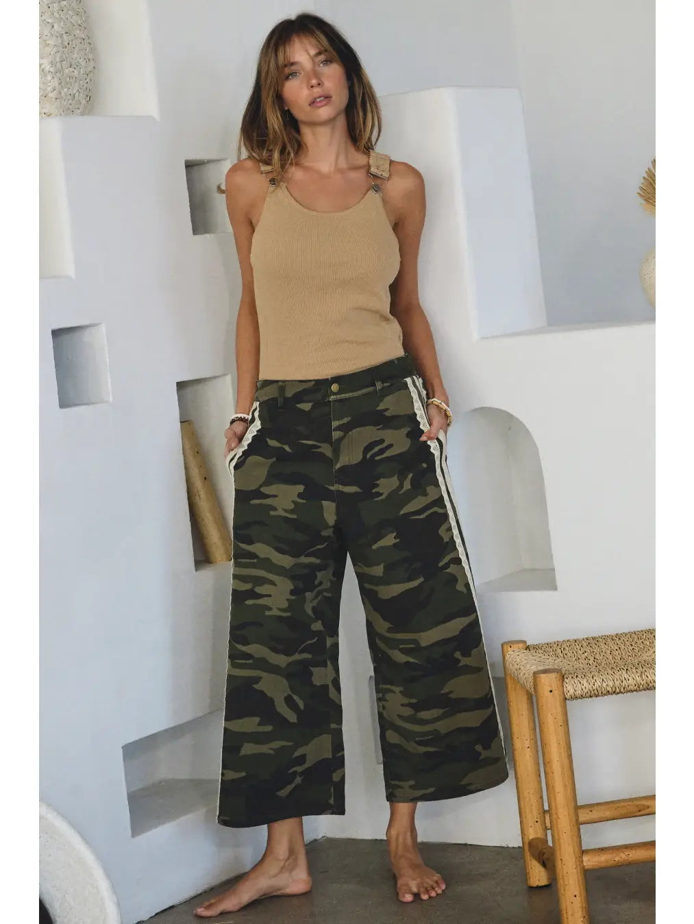 Oddi Camo Printed Washed Denim Cropped Pants