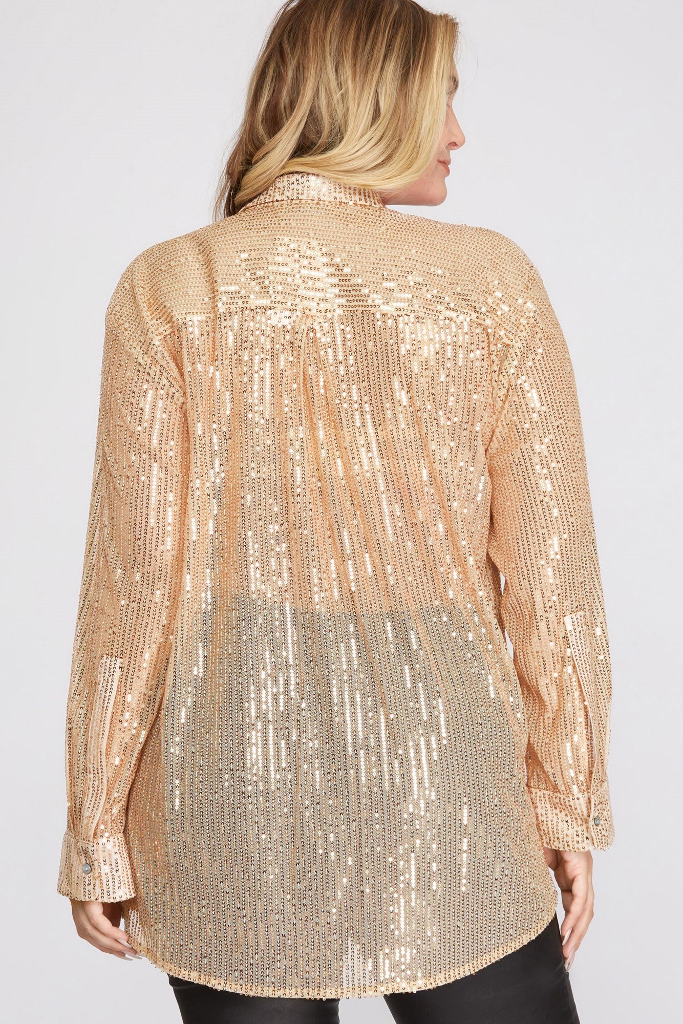 She & Sky Long Sleeve Sequin Button Down Shirt With Pocket