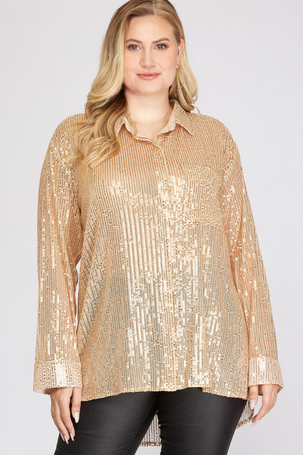 She & Sky Long Sleeve Sequin Button Down Shirt With Pocket