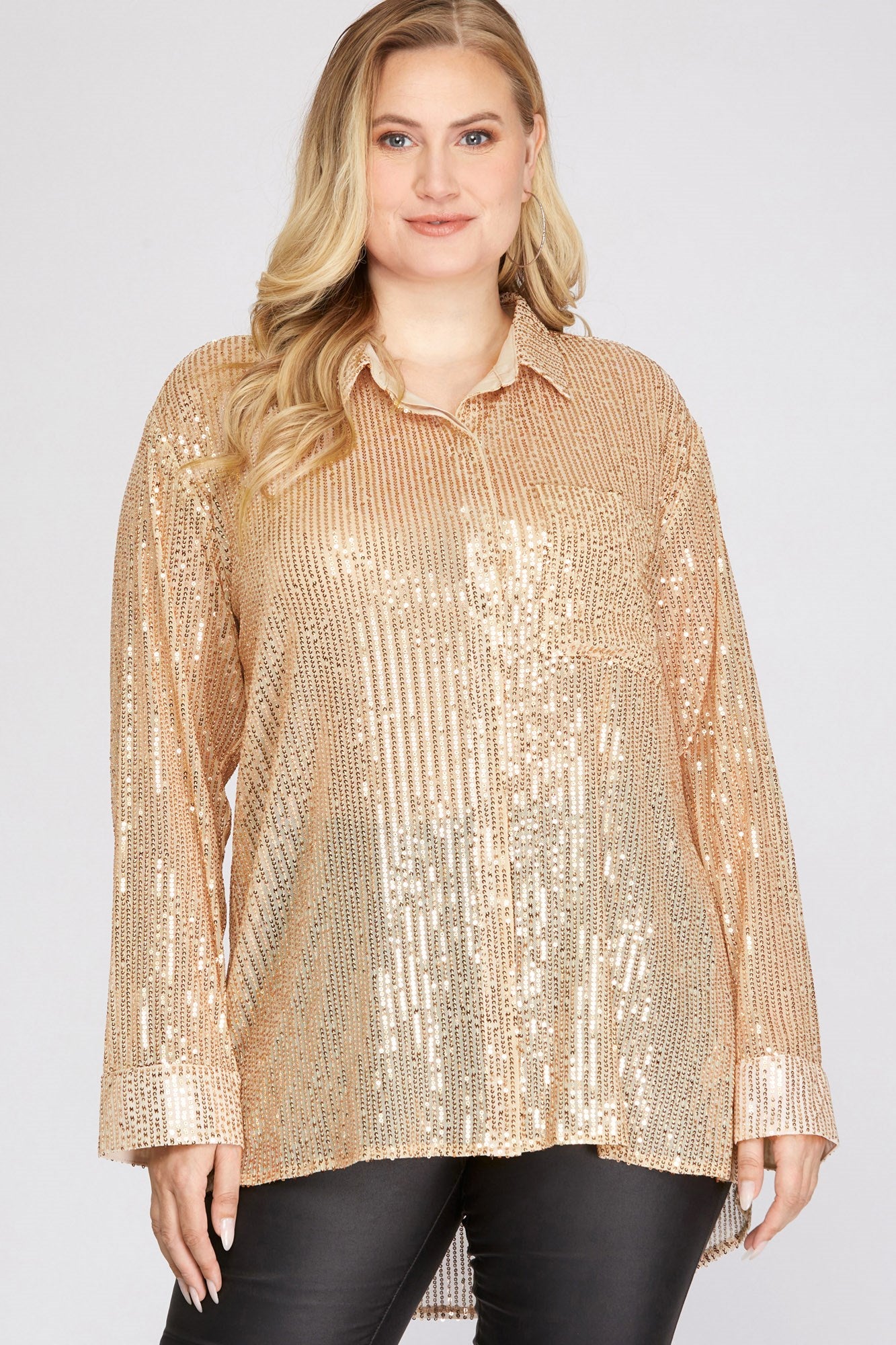 She & Sky Long Sleeve Sequin Button Down Shirt With Pocket