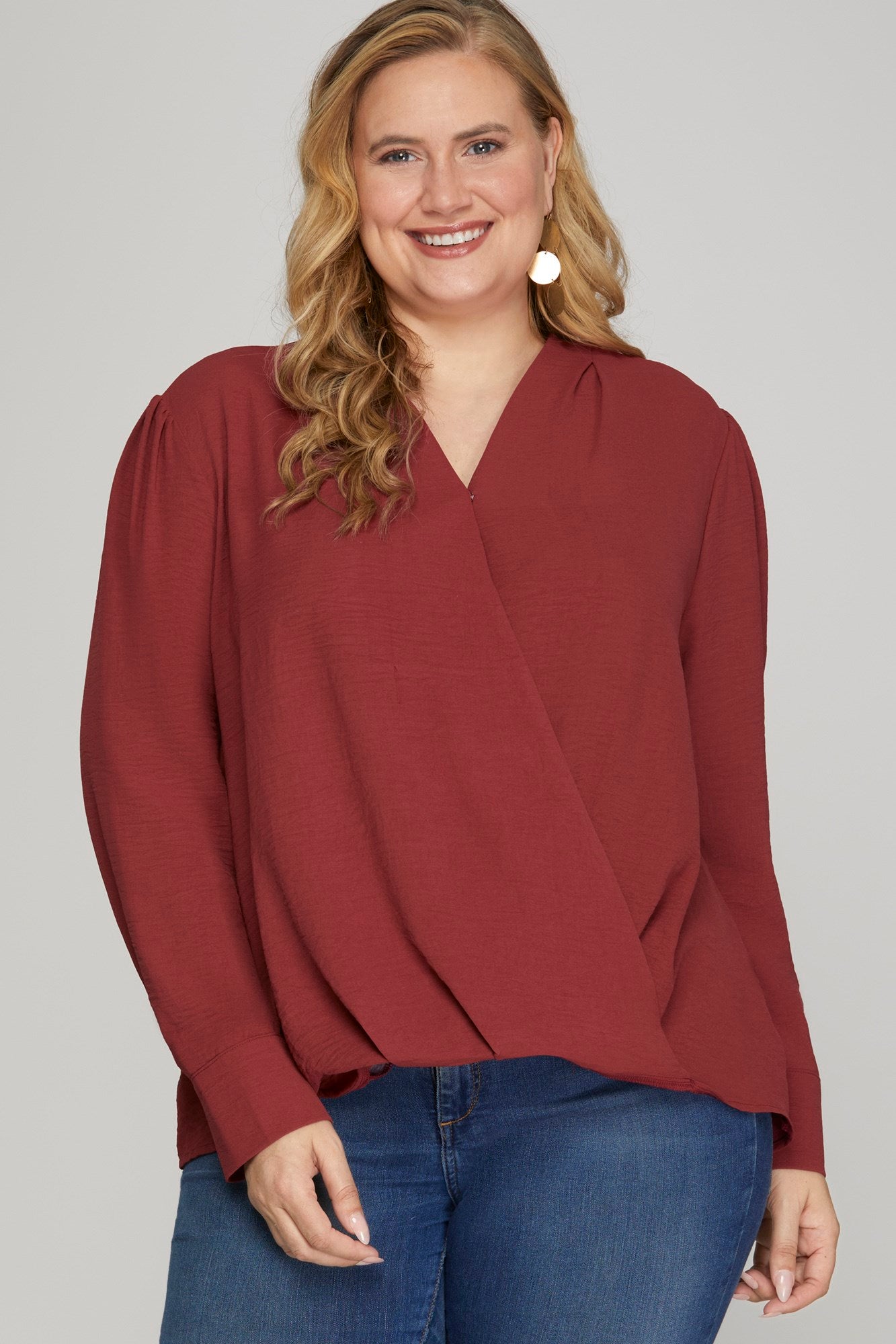 She & Sky Long Sleeve Surplice Woven Top