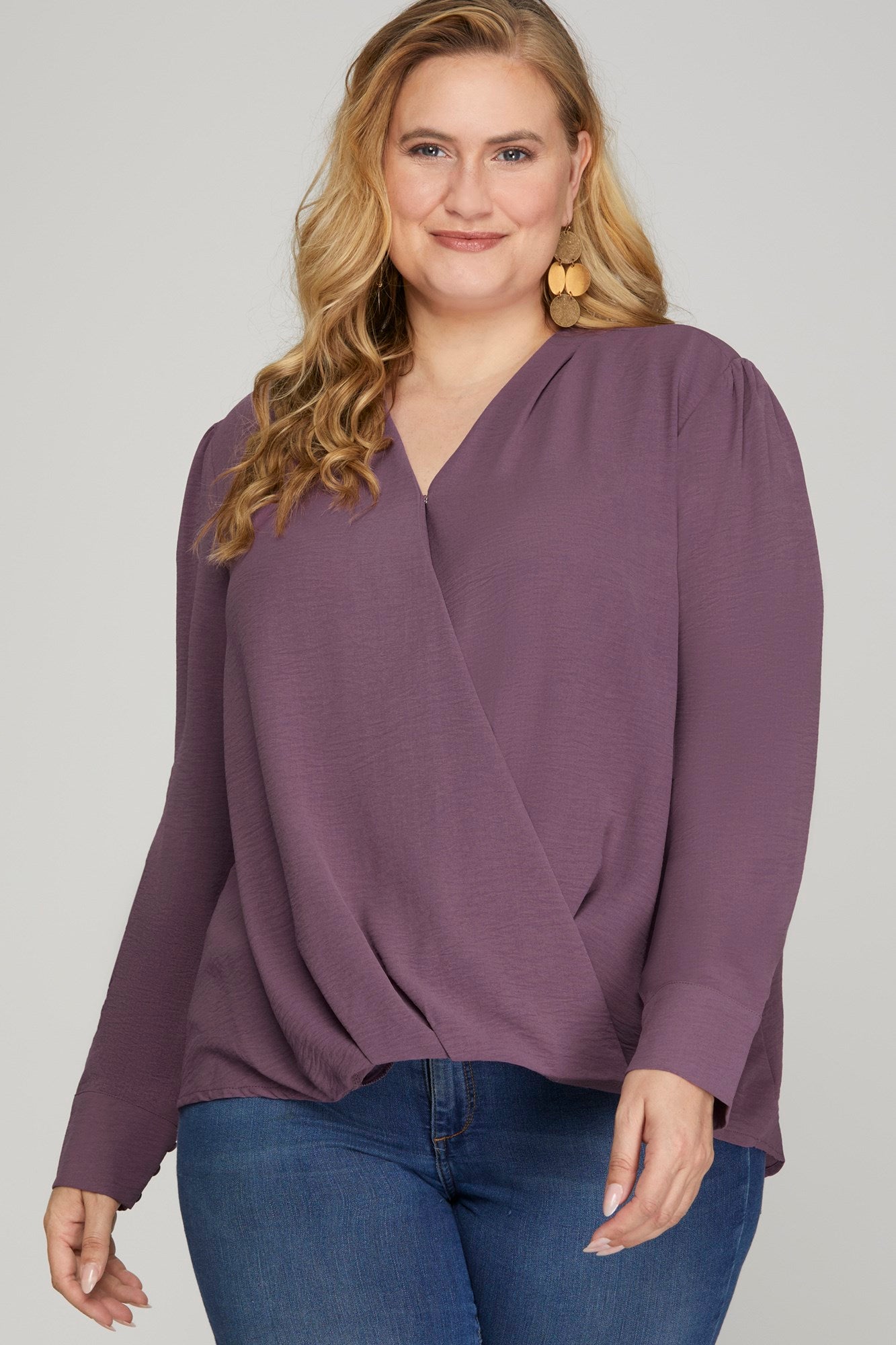 She & Sky Long Sleeve Surplice Woven Top