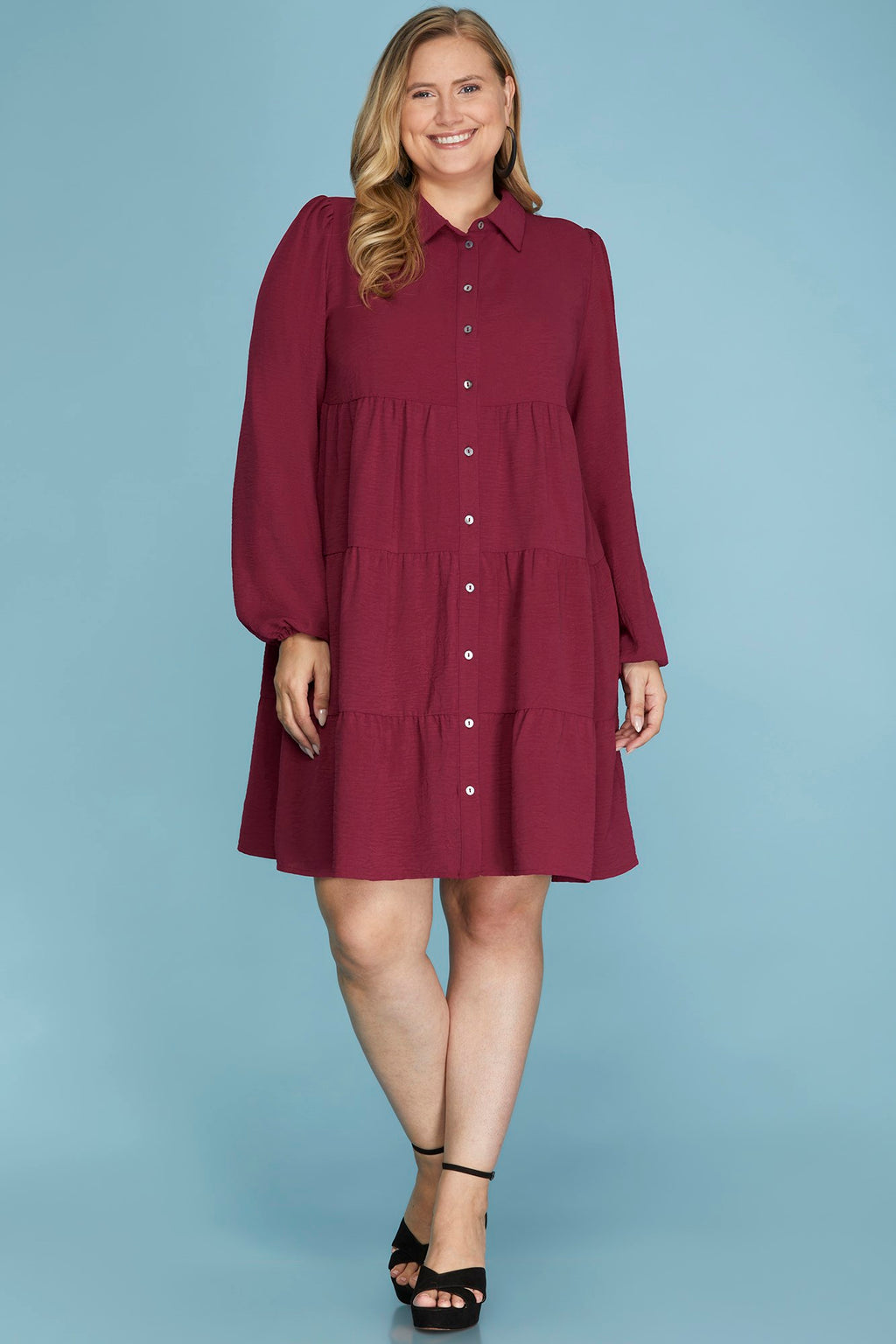 She & Sky Long Sleeve Woven Button Down Tiered Dress