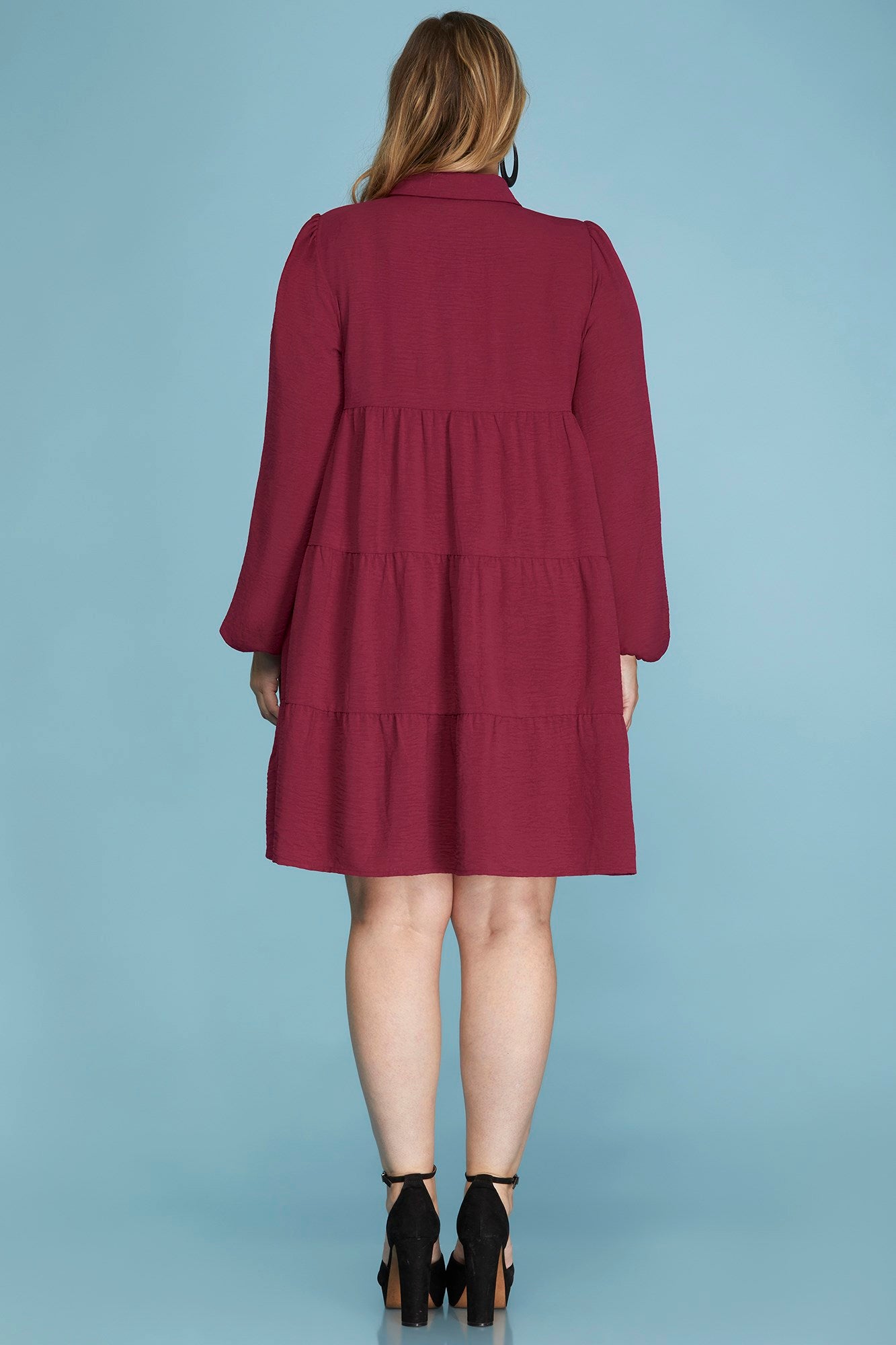 She & Sky Long Sleeve Woven Button Down Tiered Dress