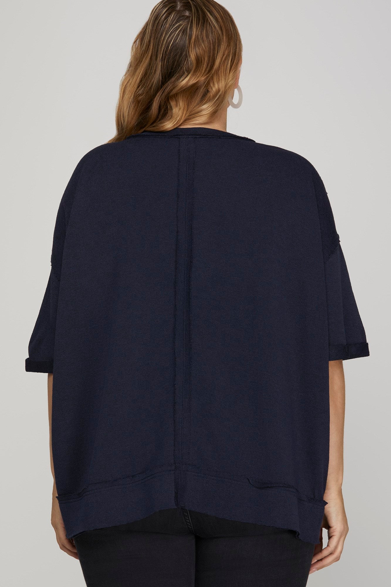 She & Sky Short Sleeve V neck Raw Edge Knit Top