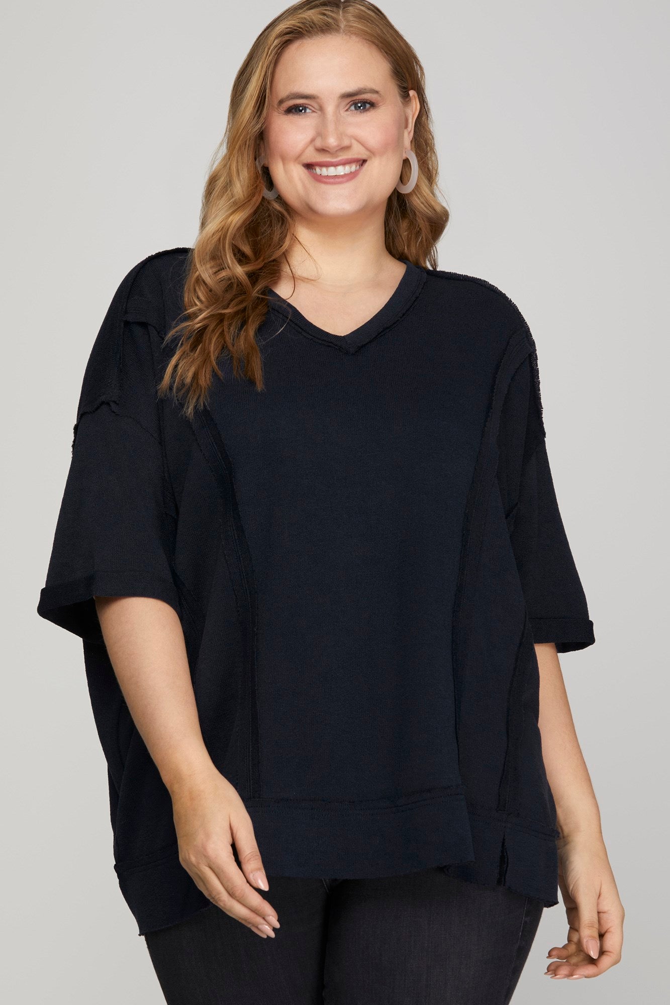 She & Sky Short Sleeve V neck Raw Edge Knit Top