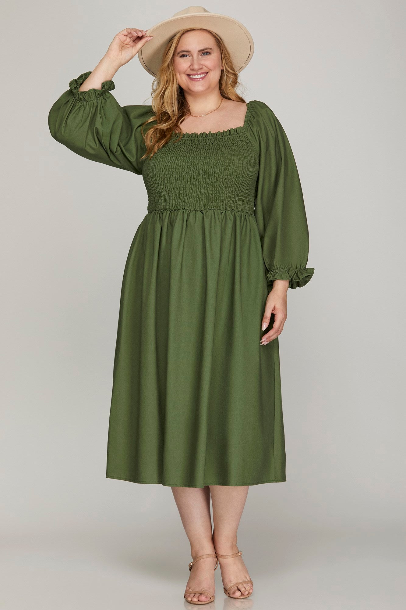 She & Sky Puff Sleeve Smocked Woven Midi Dress Pockets