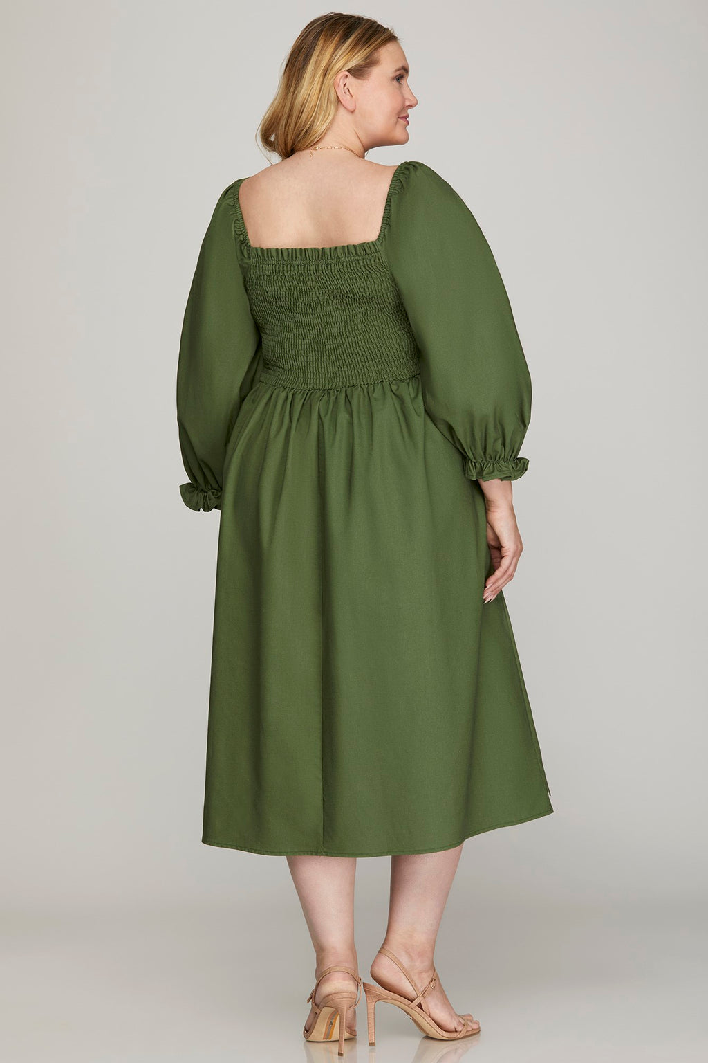 She & Sky Puff Sleeve Smocked Woven Midi Dress Pockets