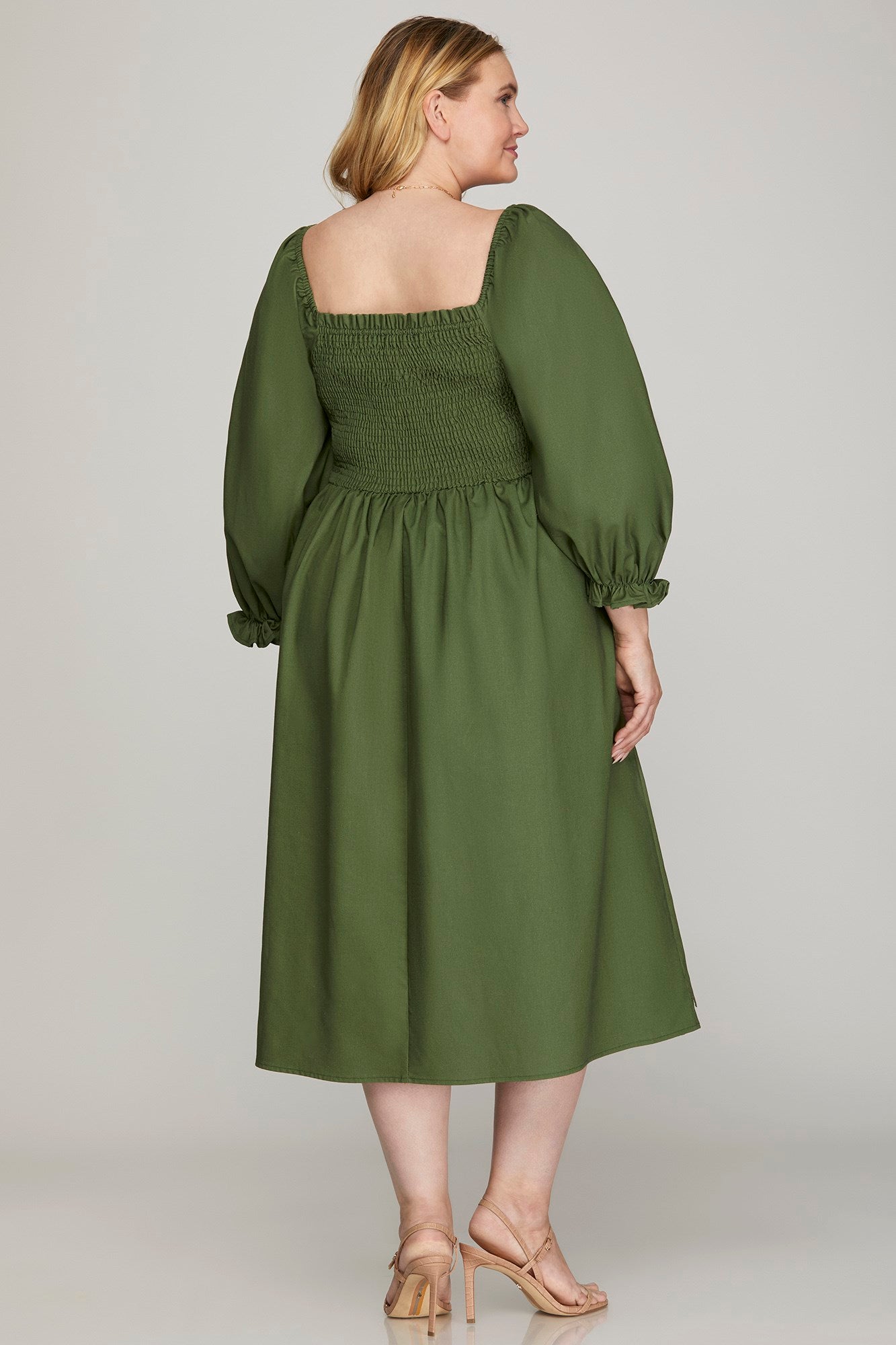 She & Sky Puff Sleeve Smocked Woven Midi Dress Pockets