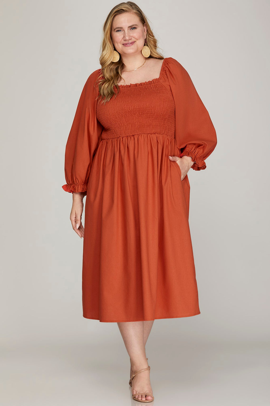 She & Sky Puff Sleeve Smocked Woven Midi Dress Pockets