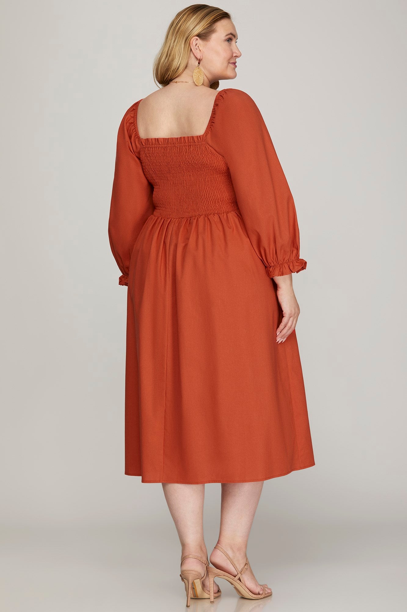 She & Sky Puff Sleeve Smocked Woven Midi Dress Pockets