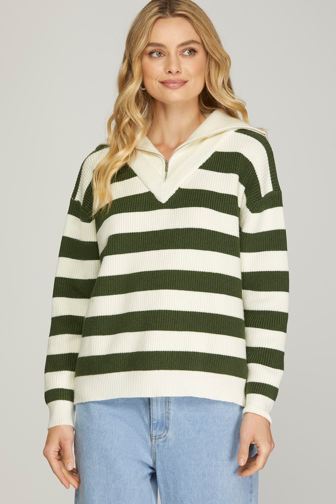She & Sky Half Zip Mock Neck Striped Sweater