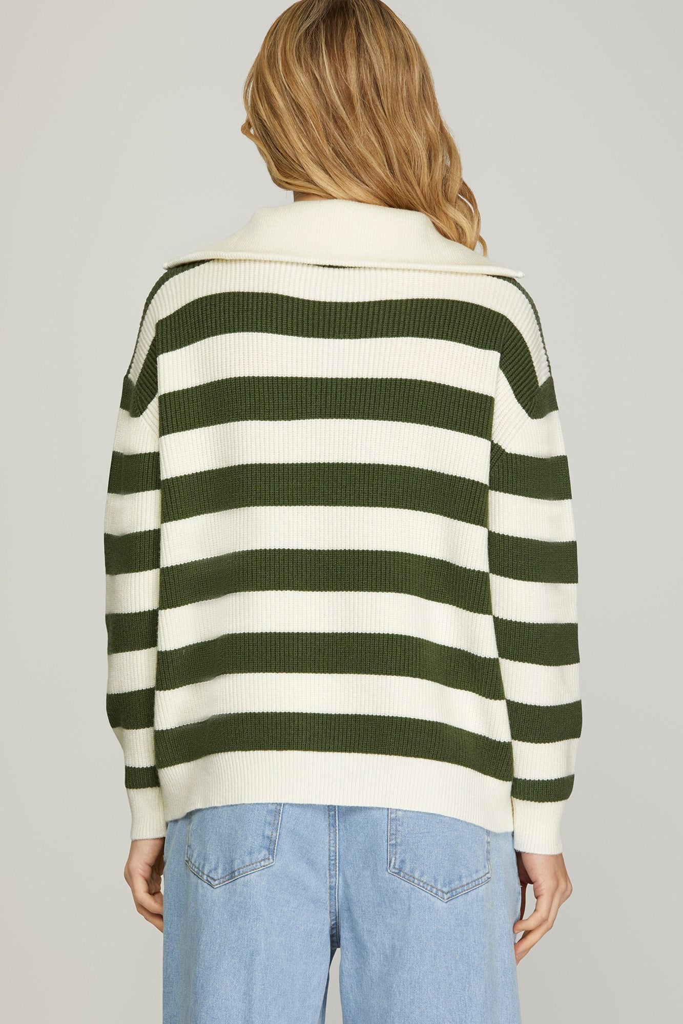 She & Sky Half Zip Mock Neck Striped Sweater