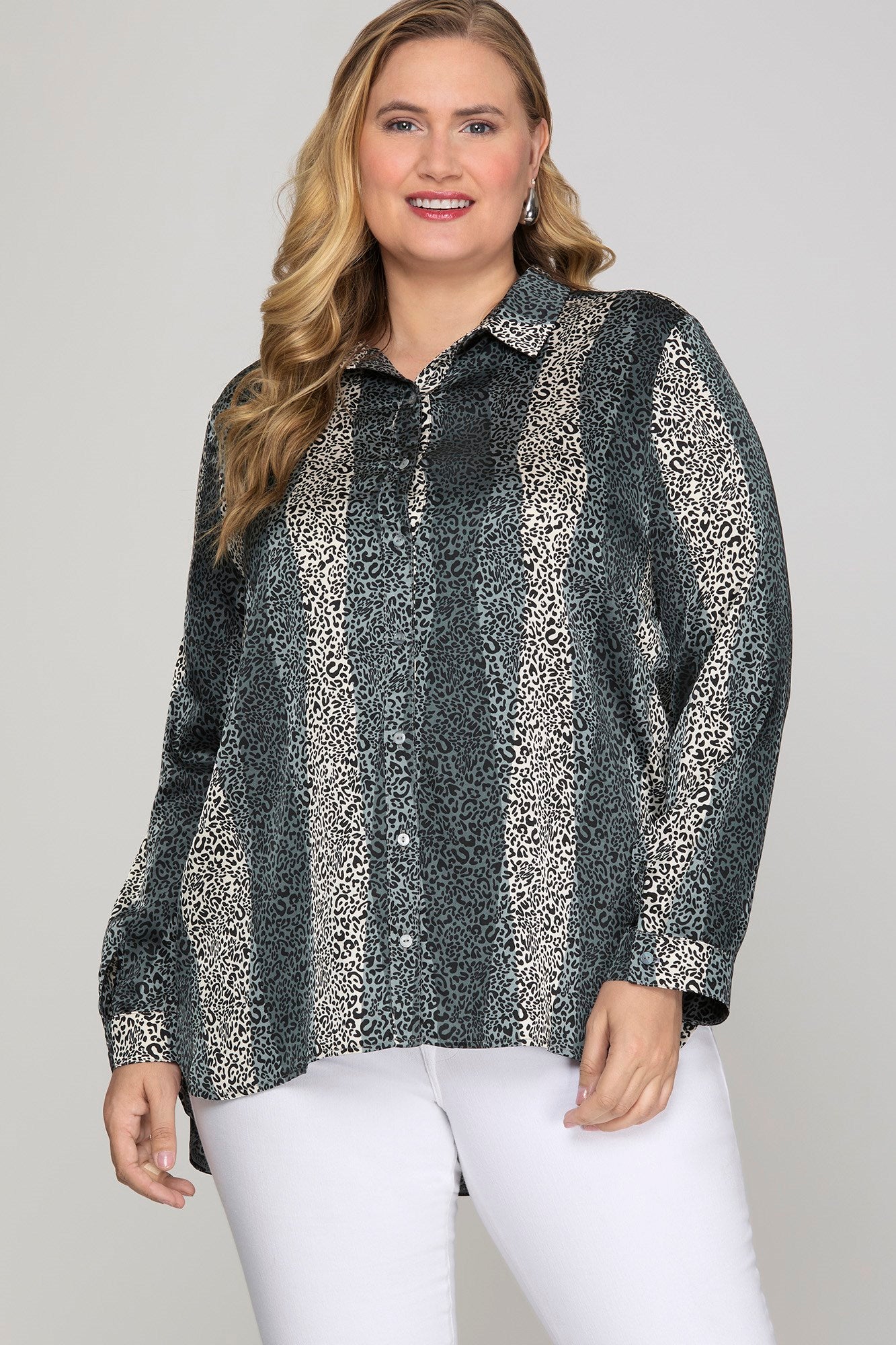 She & Sky Long Sleeve Button Down Printed Satin Shirt