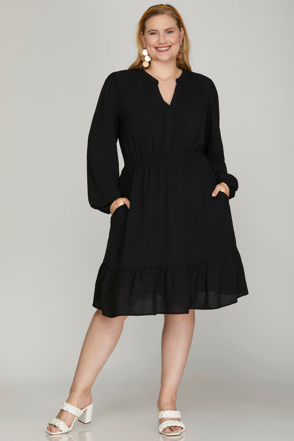 She & Sky Long Sleeve Elastic Waist Woven Dress With Side Pockets