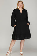 She & Sky Long Sleeve Elastic Waist Woven Dress With Side Pockets