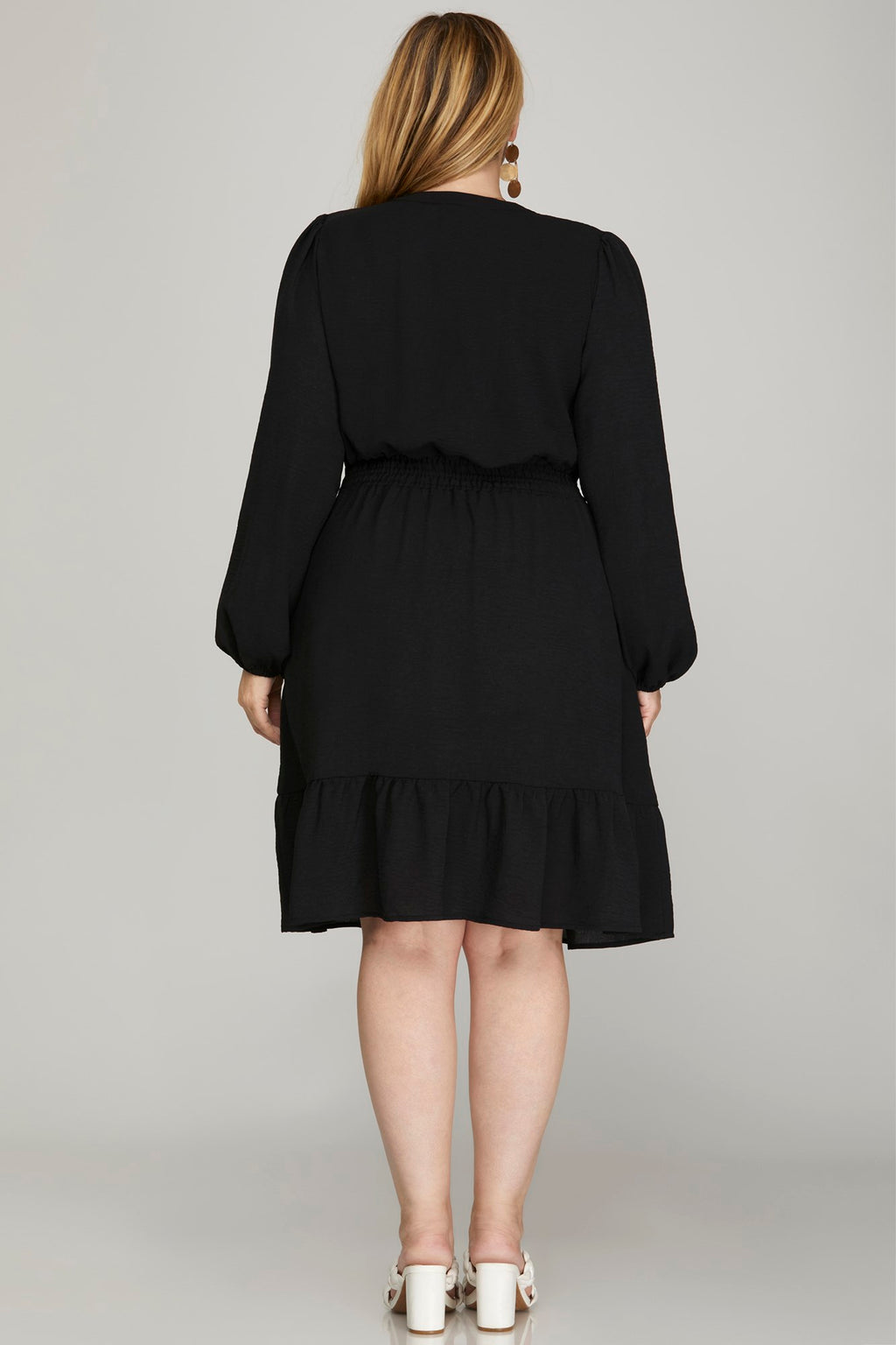 She & Sky Long Sleeve Elastic Waist Woven Dress With Side Pockets