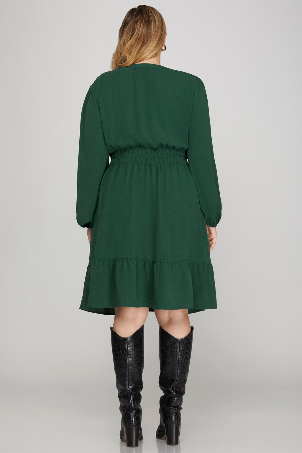 She & Sky Long Sleeve Elastic Waist Woven Dress With Side Pockets
