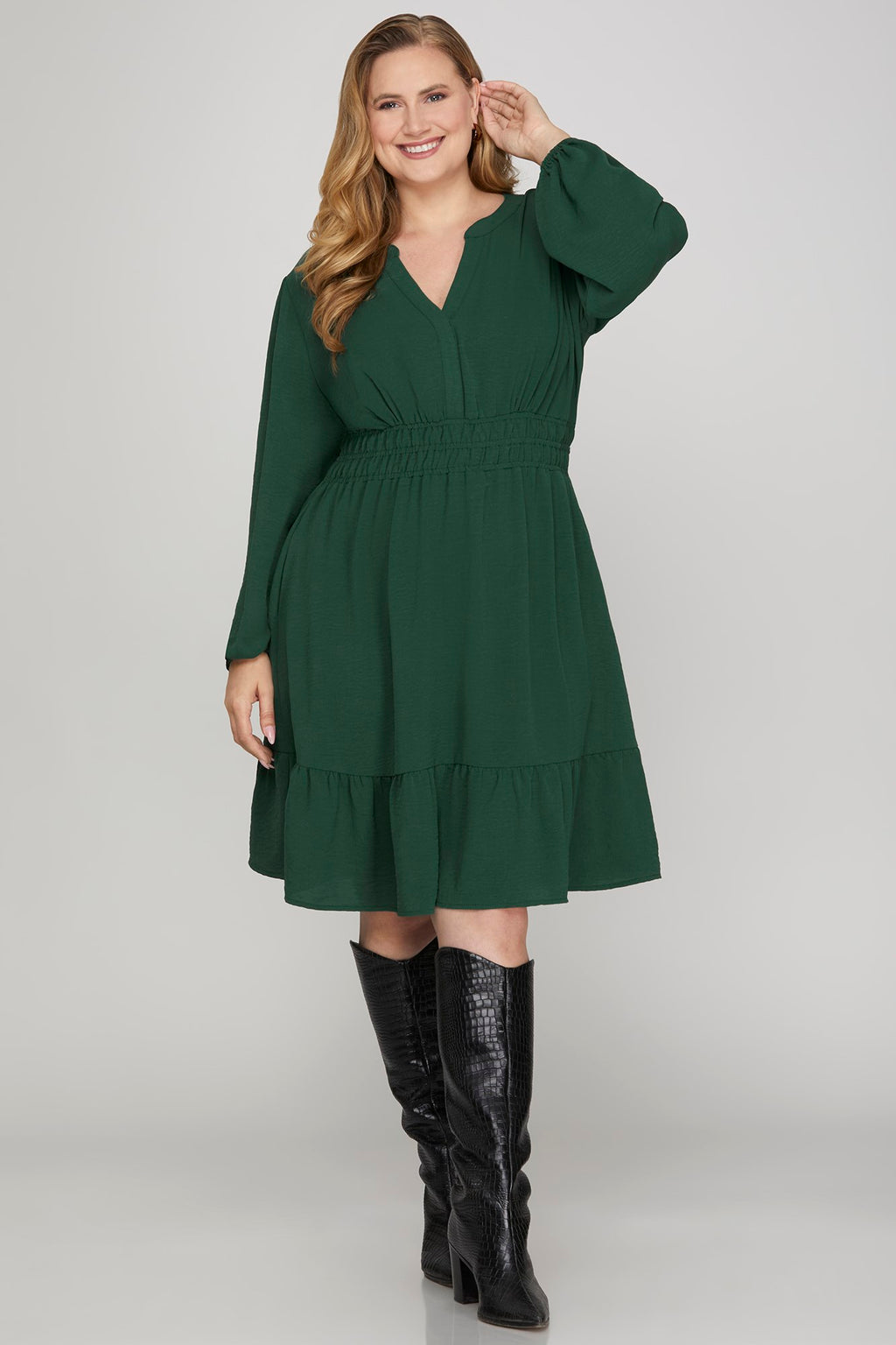 She & Sky Long Sleeve Elastic Waist Woven Dress With Side Pockets
