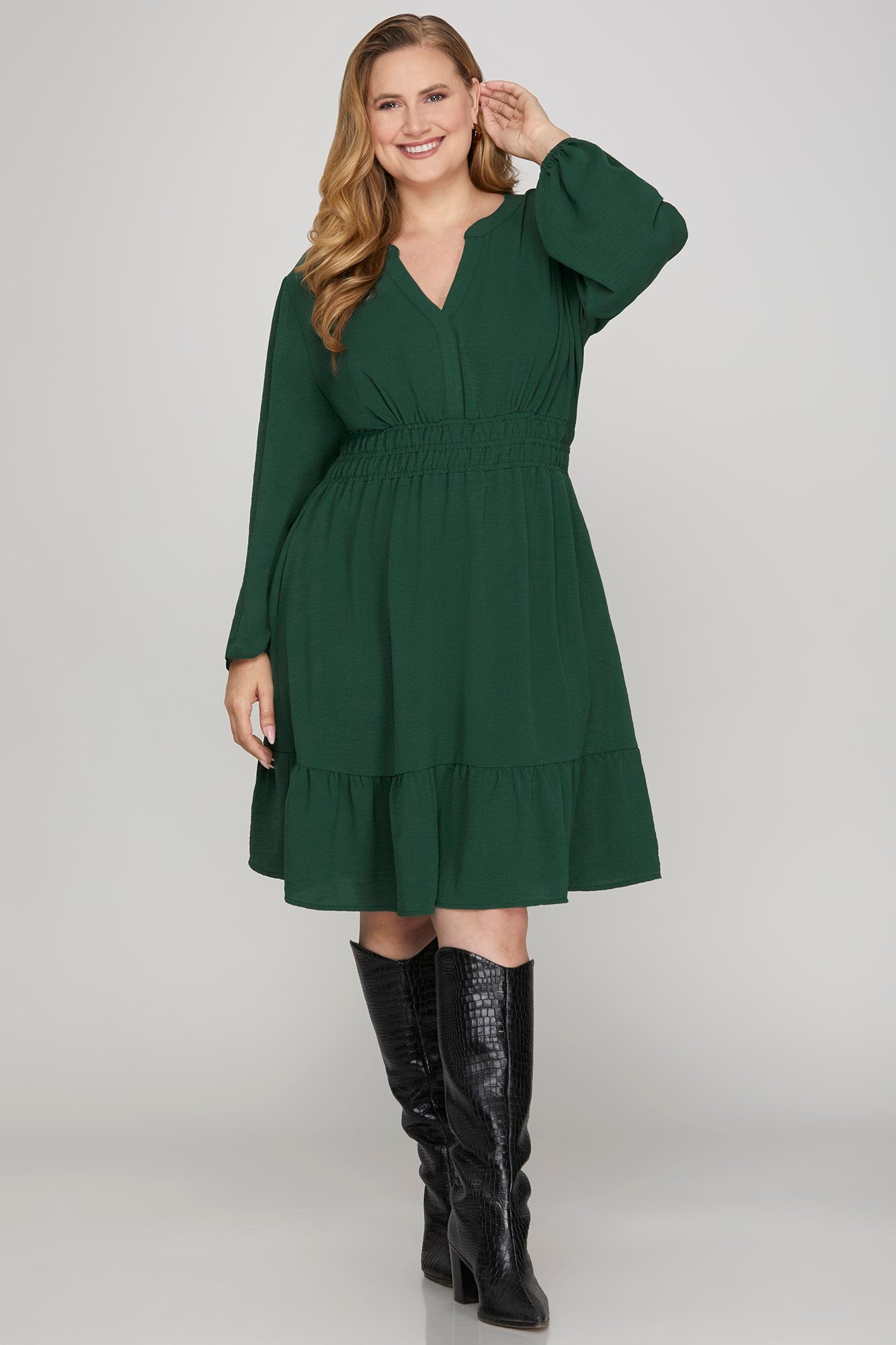 She & Sky Long Sleeve Elastic Waist Woven Dress With Side Pockets