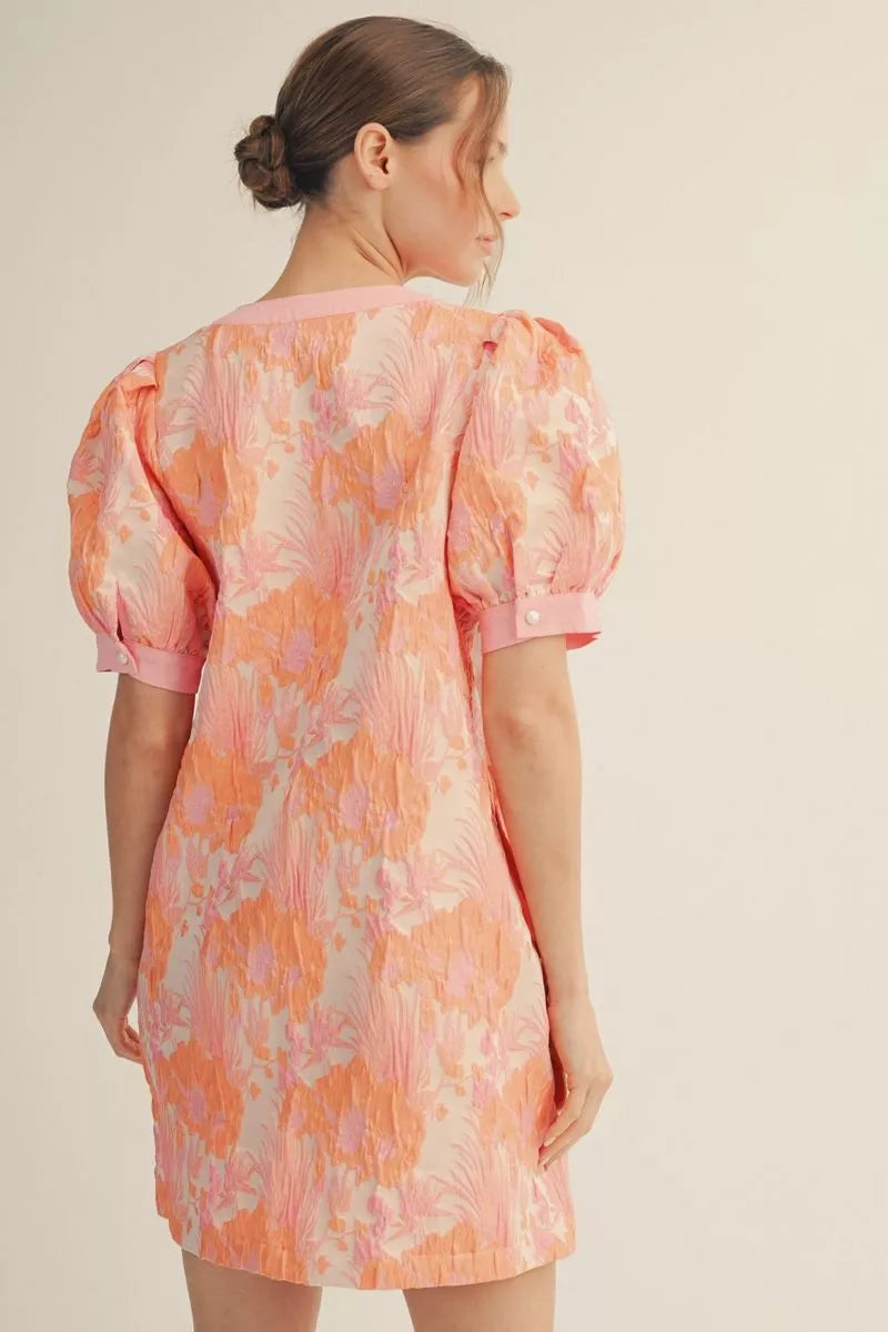 Jodifl Short Puff Sleeves Floral Jacquard Dress with Side Pockets