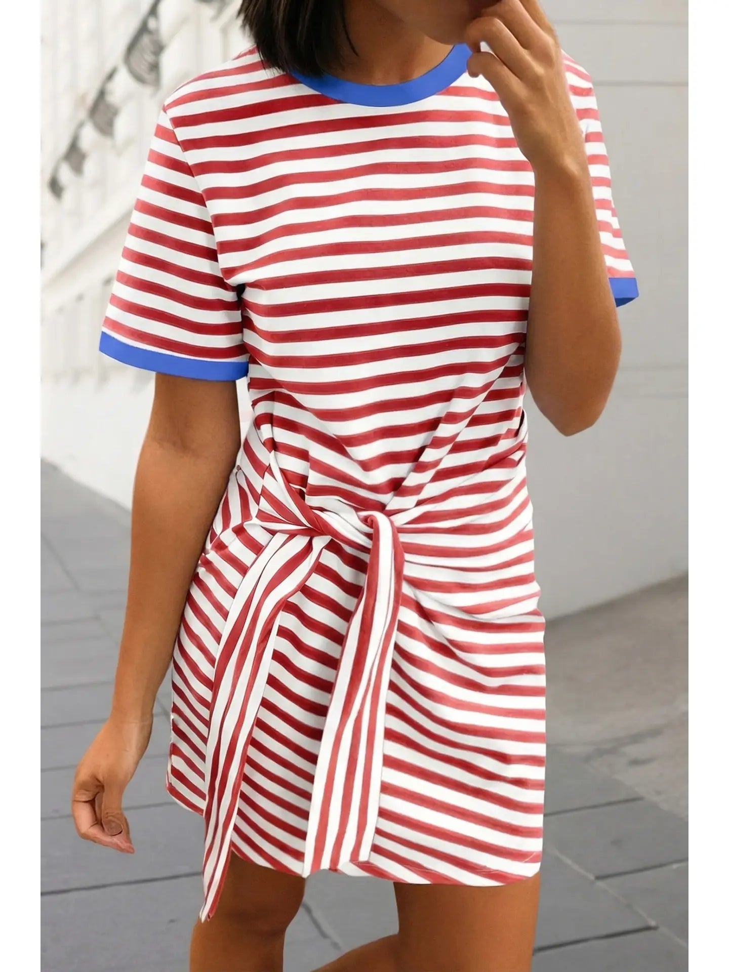 Aapparella Striped Print Tie Waist T Shirt Mini Dress
