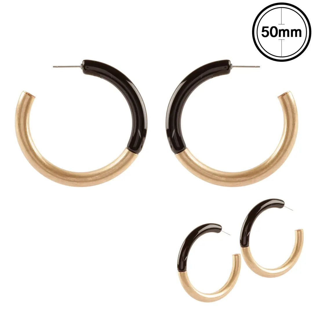 WH Black Acrylic and Gold 2.25" Hoop Earring
