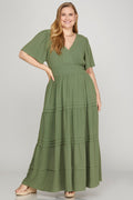 She & Sky Half Sleeve Pintuck Tiered Maxi Dress