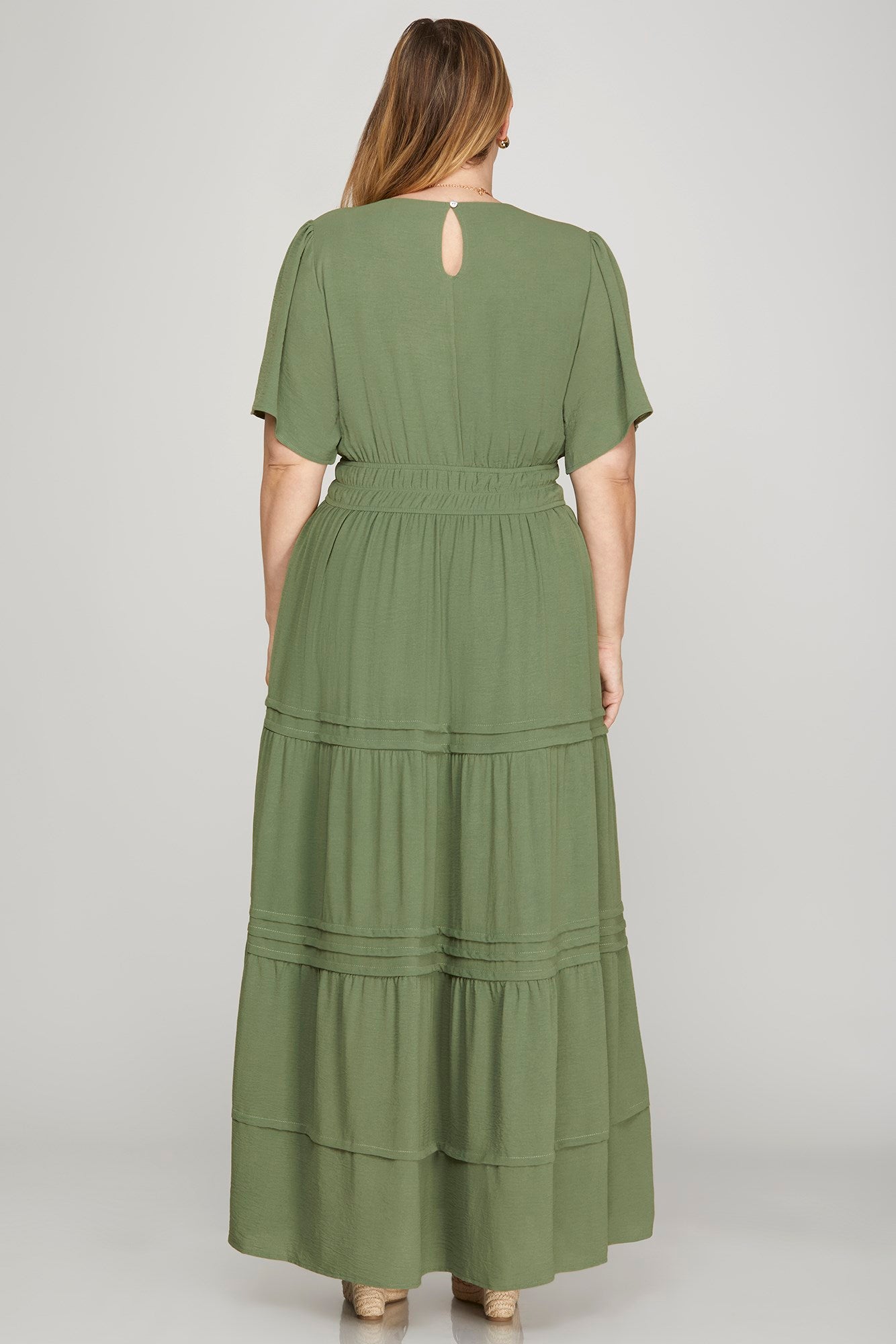 She & Sky Half Sleeve Pintuck Tiered Maxi Dress