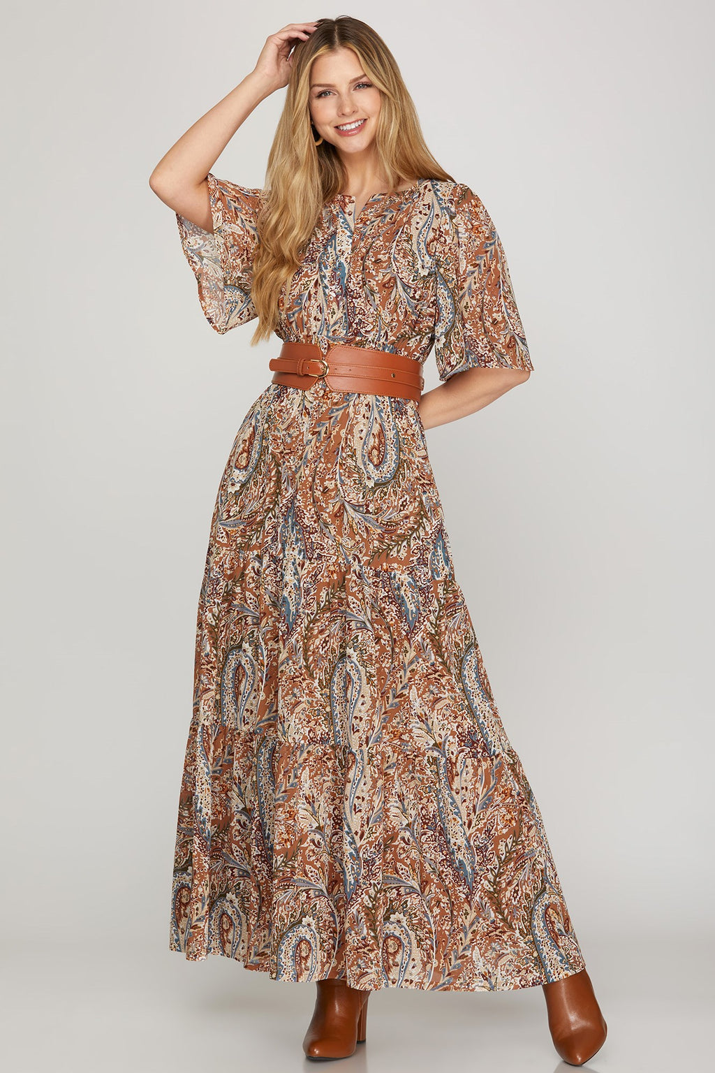 She & Sky Half Flutter Sleeve Woven Print Tiered Maxi Dress