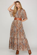 She & Sky Half Flutter Sleeve Woven Print Tiered Maxi Dress