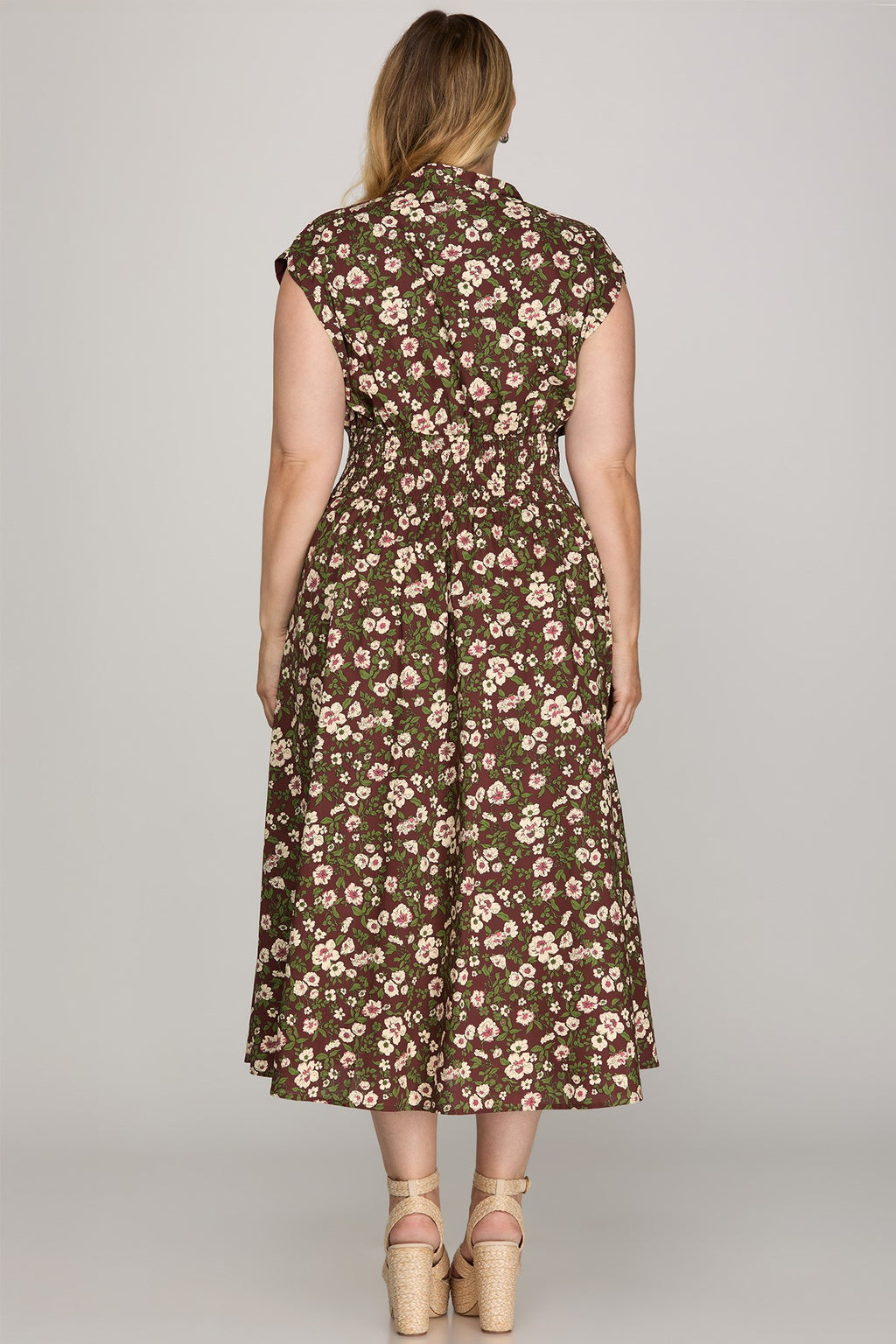 She & Sky Drop Shoulder Smocked Waist Front Zip Dress