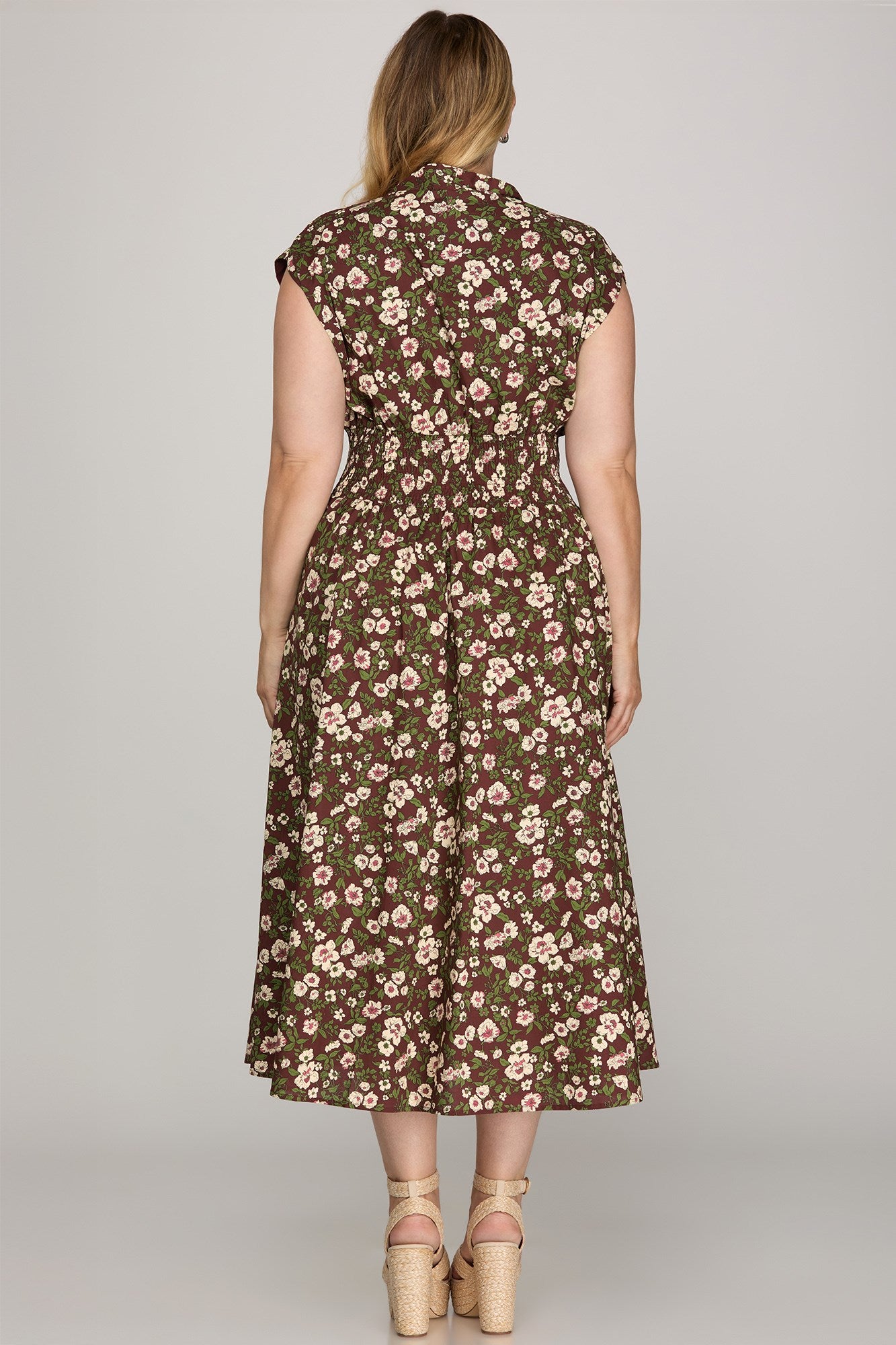 She & Sky Drop Shoulder Smocked Waist Front Zip Dress