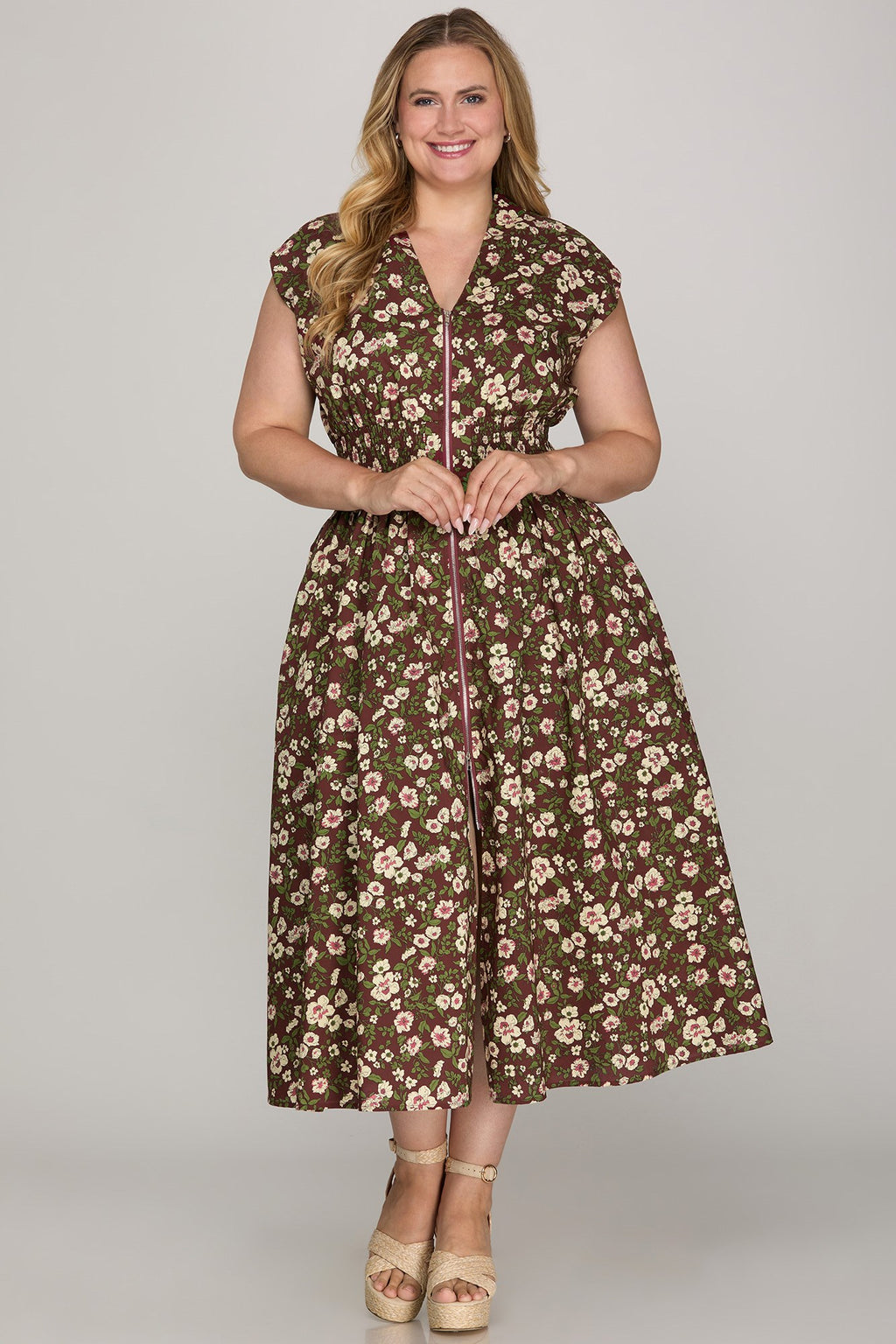 She & Sky Drop Shoulder Smocked Waist Front Zip Dress